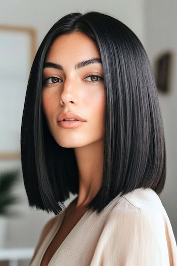 Straight Long Bob Hairstyle on a woman with dark brown hair.