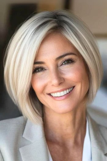 Tapered Blonde Bob Hairstyle on a smiling woman in a business suit with blonde hair.