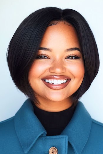 Tapered Bob Hairstyle on a smiling woman with short dark brown hair.