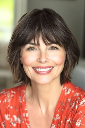 Tapered Layers With Bangs Hairstyle on a smiling woman with short brown hair.