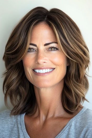 Tapered Shoulder-Length Layers Haircut on a smiling woman with brown hair.