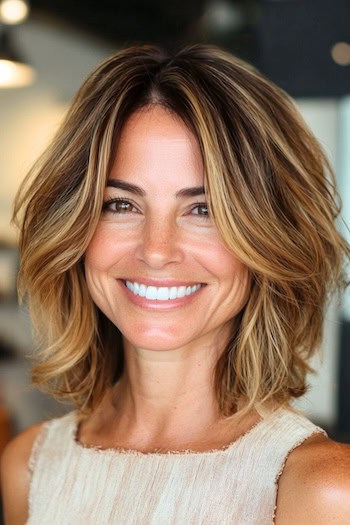 Tapered Shoulder-Length Layers Hairstyle on a smiling woman with brown hair and blonde highlights.