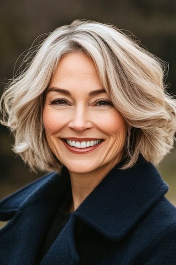 Textured Ash Blonde Bob Hairstyle on a smiling woman with short blonde hair.