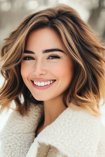 Textured Chocolate-Brown Waves with Light Blonde Highlights Hairstyle on a smiling woman with brown hair wearing a sherpa coat in the winter outdoors.