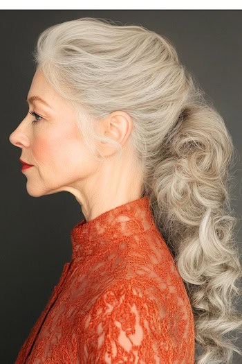 Textured Curled Long Ponytail Hairstyle on a woman with long curly gray hair in a low ponytail side view.