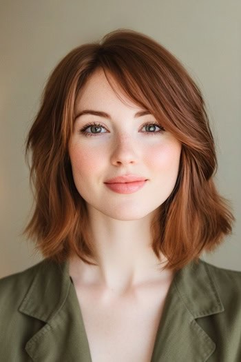 Textured Layered Lob Hairstyle on a young woman with warm brown hair.