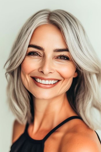 Textured Layers For Thin Hair Haircut on a smiling woman with gray hair.