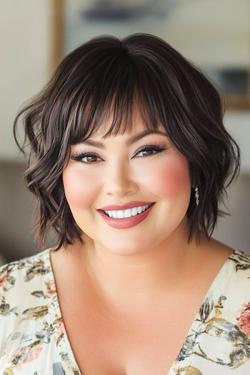 Textured Layers With Blunt Bangs Hairstyle on a smiling woman with short brown hair.