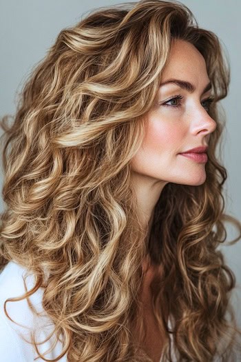 Textured Long Curls with Lifted Roots Hairstyle on a woman with long curly brown hair with highlights, side view.