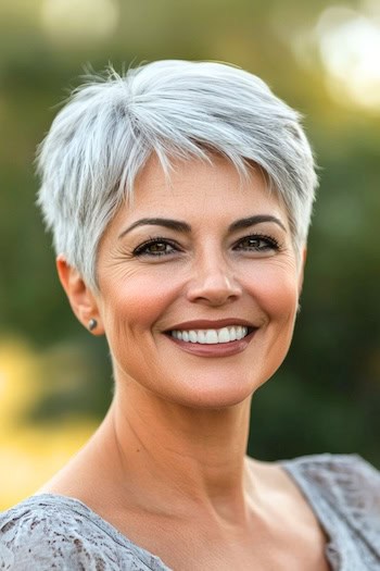 Textured Pixie Hairstyle on a smiling woman with short gray hair.