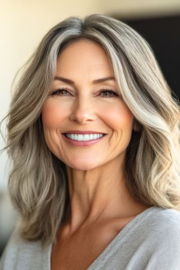 Textured Shoulder-Length Layers Haircut on a smiling woman with frosted brown hair.