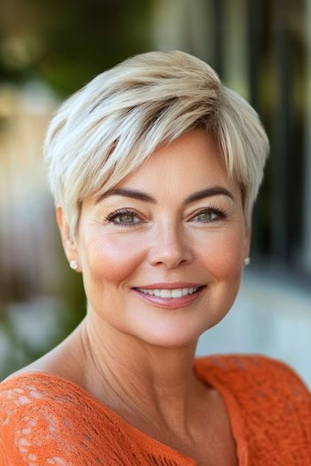 Textured Side-Parted Pixie Hairstyle on a smiling woman with short blonde hair.