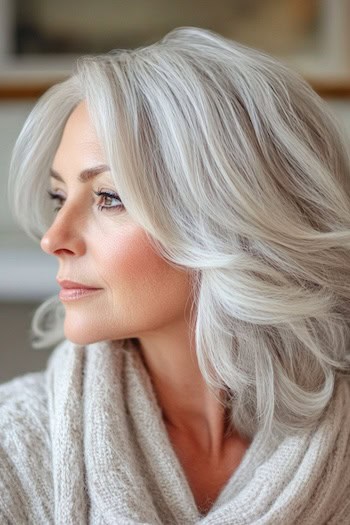 Textured Silver Layers Haircut on a woman with layered wavy gray hair.