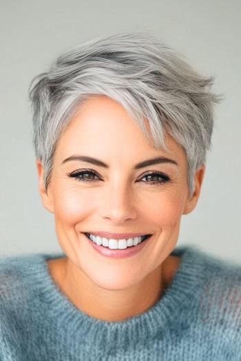 Textured Silver Pixie Hairstyle on a smiling woman with gray hair.