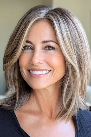 Textured Straight Layers Haircut on a smiling woman with brown hair and blonde face-framing highlights.