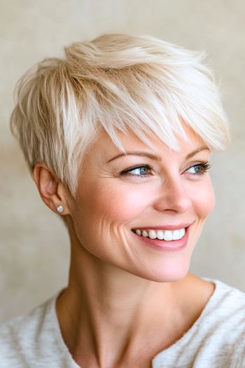 Textured Tapered Pixie Haircut on a smiling woman with short blonde hair.