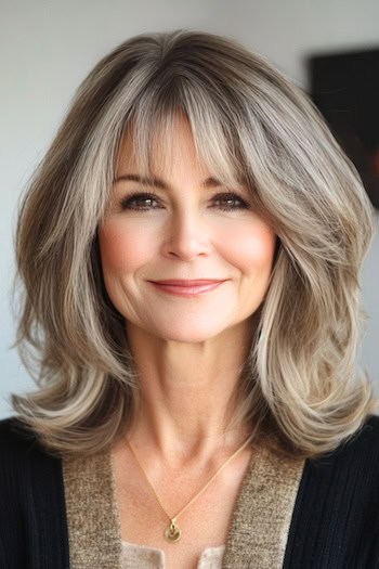 Textured Tousled Layers With Bangs Haircut on a smiling older woman with ash brown hair.