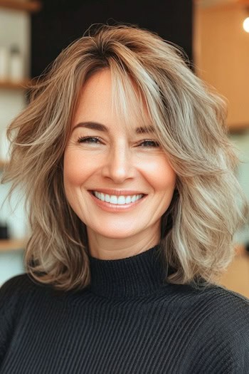 Textured Tousled Layers With  Hairstyle on a smiling woman with light brown hair.