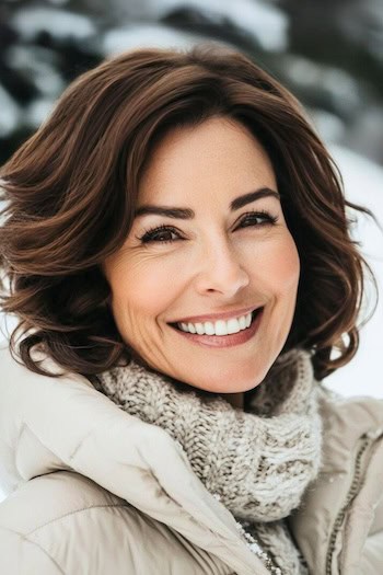 Textured Wavy Bob Hairstyle on a smiling woman with brown hair who is outside in winter clothing.