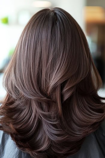 Thick Hair with Layers Haircut on a woman with brown hair, from back, in hair salon.