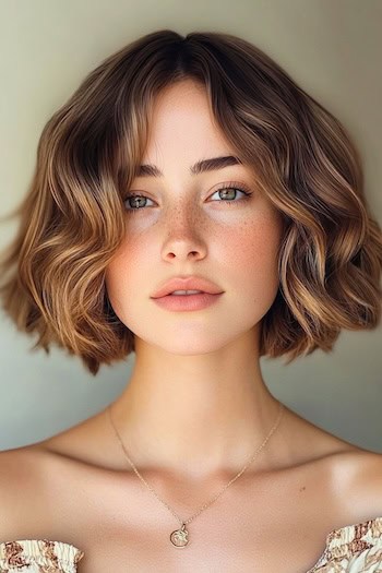 Thick Wavy Bob Haircut on a young woman with brown highlighted hair.