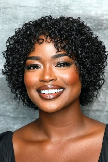 Tight Layered Curls Hairstyle on a smiling black woman with short curly black hair.