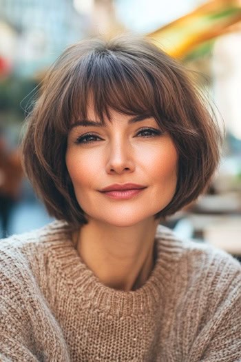 Tousled Bob with Bangs Haircut on a woman with short brown hair.