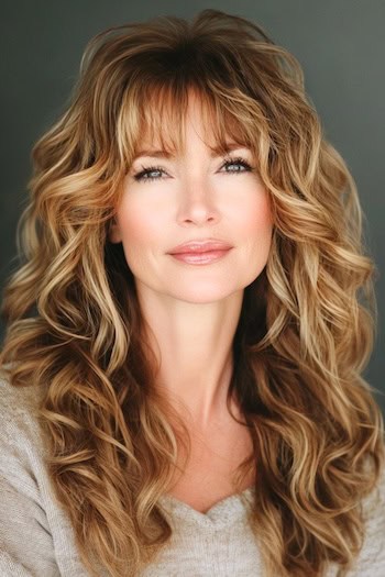 Tousled Curly Layers with Bangs Hairstyle on a woman with long curly highlighted brown hair.