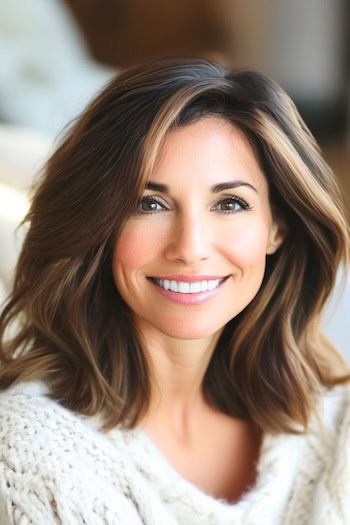 Tousled Face-Framing Layers Haircut on a smiling woman with brown hair and highlights.