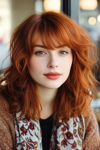 Tousled Layers With Bangs Haircut on a young woman with deep copper red hair.