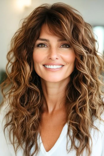 Tousled Long Curls with Bangs Hairstyle on a smiling woman with long curly brown hair.