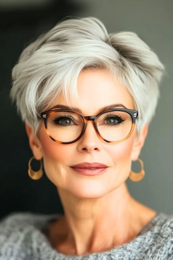 Tousled Pixie Haircut on an older woman with gray hair and glasses.