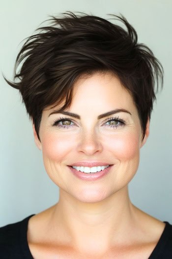 Tousled Pixie Hairstyle on a smiling woman with short brown hair.