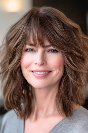 Tousled Shaggy Layers With Bangs Haircut on a smiling woman with brown hair.