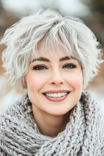 Tousled Silver Pixie Hairstyle on a smiling woman with short gray hair.