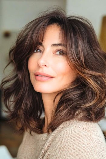 Tousled Voluminous Layers Haircut on a smiling woman with brown hair, side view.