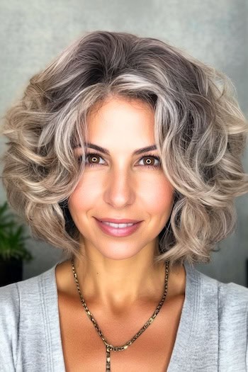 Tousled Waves Haircut on a smiling woman with wavy brownish blonde hair.