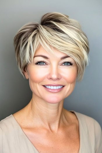 Voluminous Blonde Pixie Hairstyle on a smiling woman with short blonde hair.