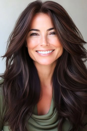 Voluminous Dark Chocolate Waves Hairstyle on a smiling woman with long brown hair.