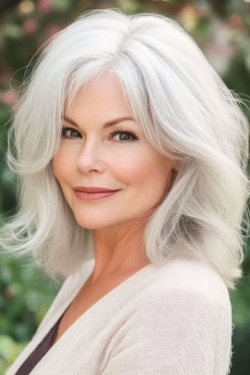 Voluminous Face Framing Hairstyle on a smiling woman with light gray hair.