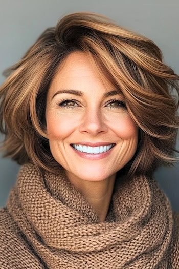 Voluminous Layered Bob Hairstyle on a smiling woman with layered brown  hair.