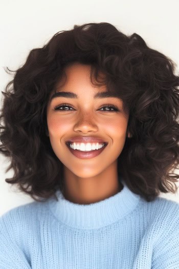 Voluminous Layered Curls Haircut on a smiling young woman with dark brown hair.