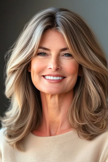 Voluminous Layers With Middle Part Haircut on a smiling woman with brown hair and highlights.