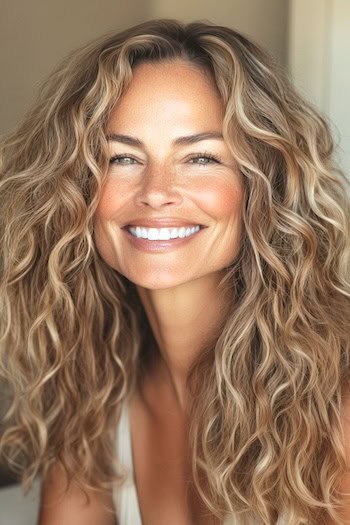 Voluminous Long Curls Hairstyle on a woman with long curly blondish brown hair.