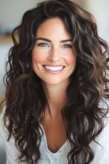 Voluminous Long Loose Curls Hairstyle on a smiling woman with long curly brown hair.