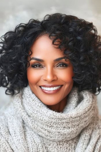 Voluminous Natural Curls Hairstyle on a smiling black woman with black hair.