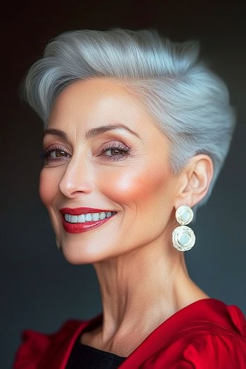 Voluminous Silver Pixie Hairstyle on a smiling woman with gray hair, side view.