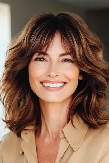 Voluminous Waves with Curtain Bangs Haircut on a smiling woman with brown hair.