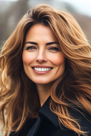 Warm-Brown Windswept Waves with Honey Highlights Hairstyle on a smiling woman with brown hair.