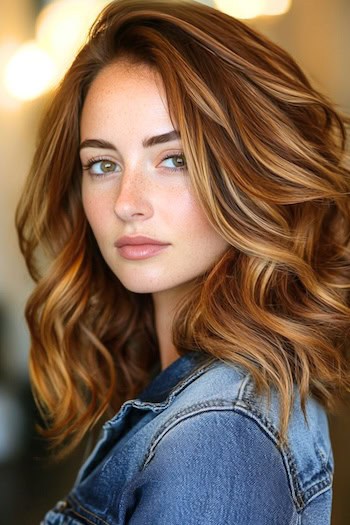 Warm Copper-Brown Layered Waves with Golden Highlights Hairstyle on a young woman with golden brown hair wearing a denim jacket.